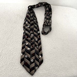Ashberry Mens Neck Tie Navy, Tan Geometric Print 100% Silk Made in USA EUC